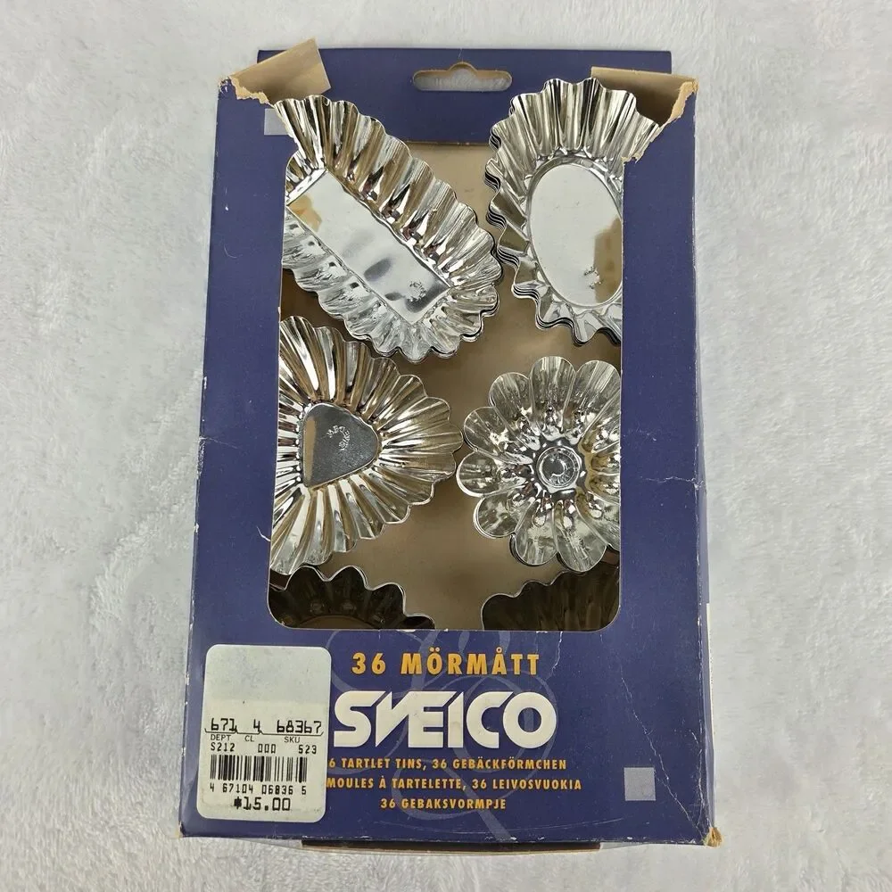 36 mormatt Sveico Tartlet Tins in Box 6 different shapes Made in Sweden NOB NOS
